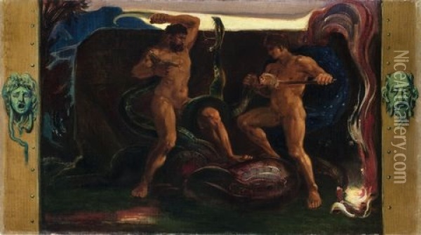 Herakles Und Iolalos Im Kampf Mit Der Hydra Oil Painting - Friedrich Ernst Wolfrom