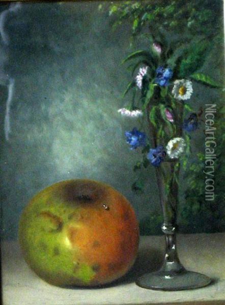 Apple And Stem Vase With Flowers Oil Painting - Bullock
