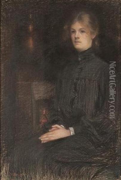 Portrat Einer Sitzenden, Schwarz Gekleideten Jungen Dame. Oil Painting - Berthe Bouvier