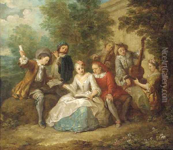 Elegant company playing music in a garden Oil Painting - Philippe Mercier