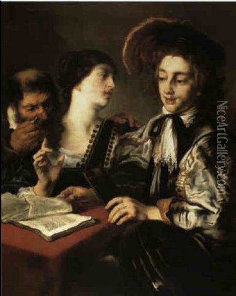 Scholar, Young Musician And A Companion Seated At A Table Oil Painting - Jan Cossiers