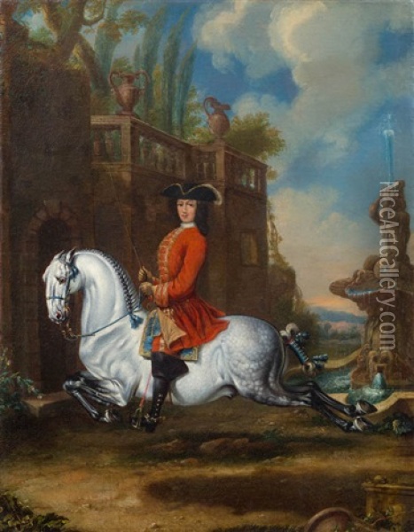 Kavalier In Rotem Frack Auf Einem Schimmel In Der Kapriole Oil Painting - Johann Georg de Hamilton