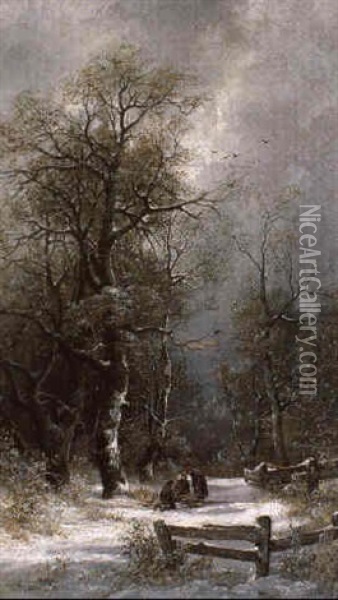 Reisigsammler In Winterwald Oil Painting - Adolf Kaufmann