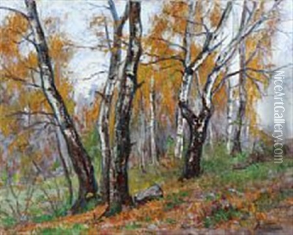 Autumn Forest With Birch Trees Oil Painting - Marie K. H. Tannaes