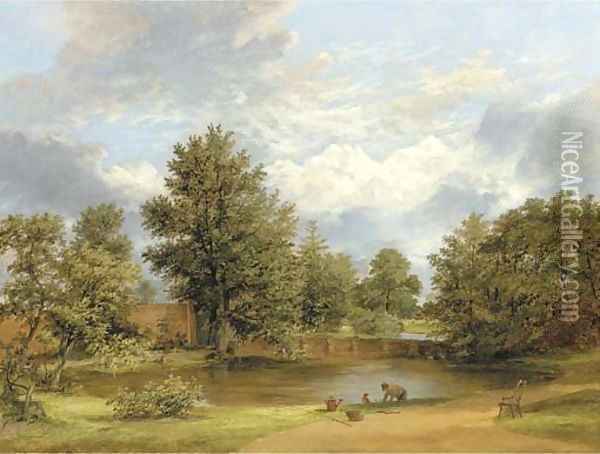 Parkland landscape with a gardener by a pond Oil Painting - James Stark
