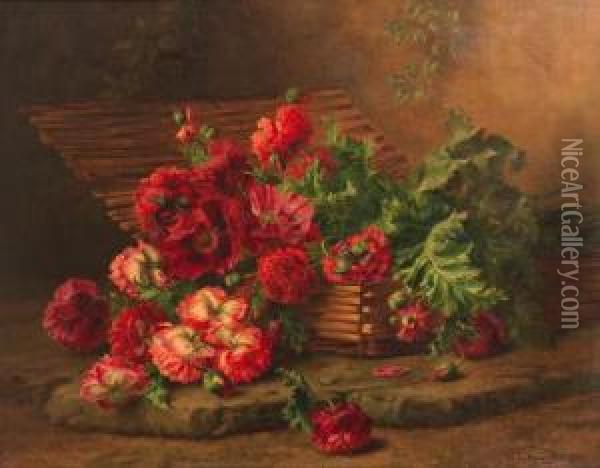Still Life With Poppies And Peonies In A Wicker Basket Oil Painting - Edward Van Rijswijck