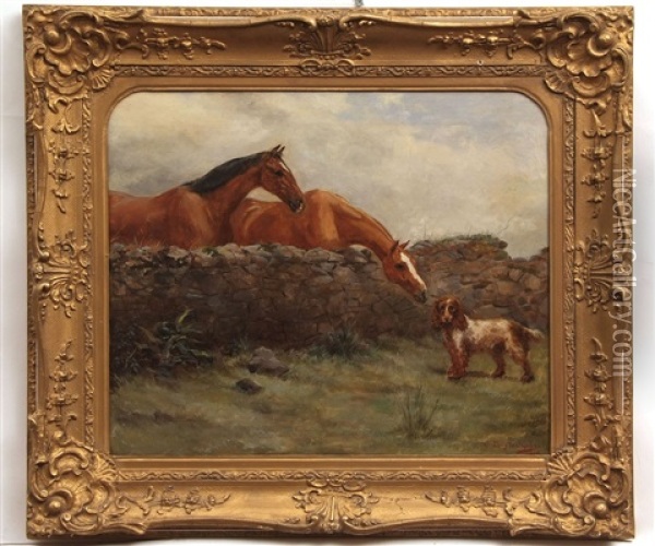 Two Horses And A Spaniel Oil Painting - Geoffrey Douglas Giles