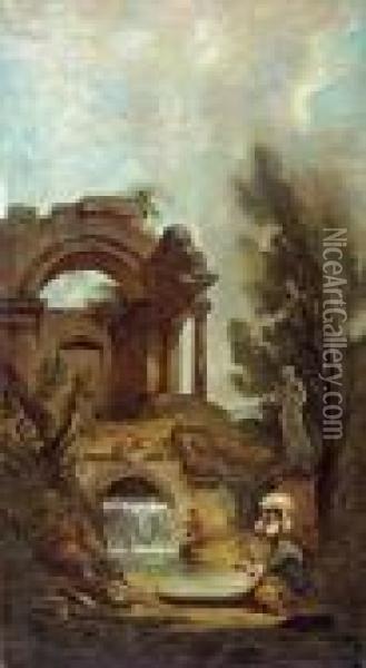 Figures Amongst Classical Ruins Oil Painting - Hubert Robert