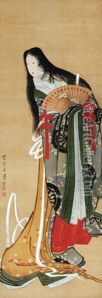 Court Lady With Fan Oil Painting - Kitagawa Fujimaro
