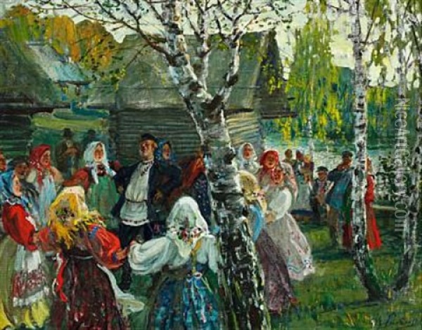 Russian Country Scene With Singing Peasants Dancing Khorovod (round Dance) Oil Painting - Michail Vasilievitch Boskin