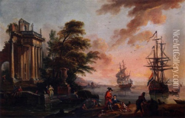 Port Mediterraneen Au Soleil Couchant Oil Painting - Jean Baptiste Lallemand