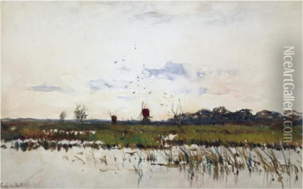 Windmills In A Polder Landscape Oil Painting - Fredericus Jacobus Van Rossum Du Chattel
