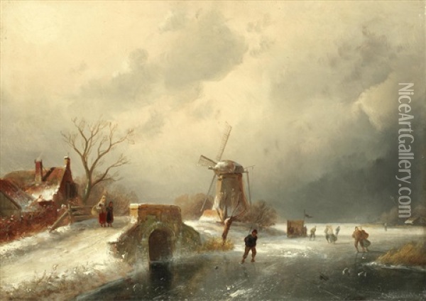 A Dutch Frozen River Landscape Oil Painting - Charles Henri Joseph Leickert