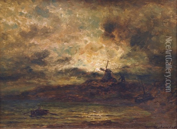 Fisherman In A Moonlit Landscape Oil Painting - Wilhelm Ferdinand Xylander