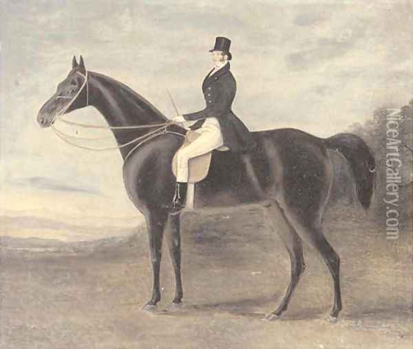Portrait of a gentleman on a chestnut hunter, in an extensive landscape Oil Painting - English School