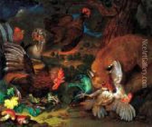 Fox In The Poultry - Yard Oil Painting - Ferdinand Phillip de Hamilton