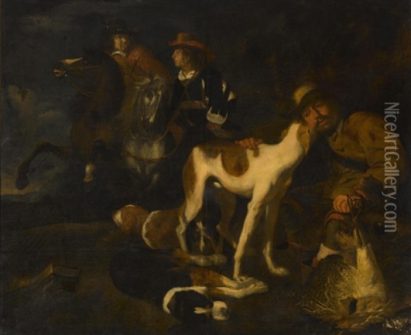Hunstmen And Dogs In A Landscape Oil Painting - Juriaen Jacobsen