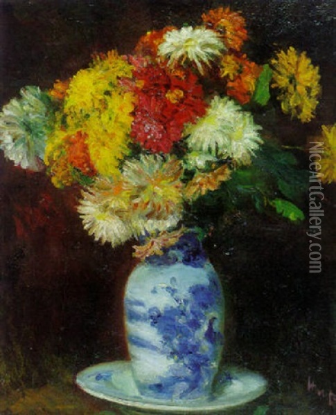 Still Life With Mixed Chrysanthemums In A Blue And White Vase Oil Painting - George Leslie Hunter