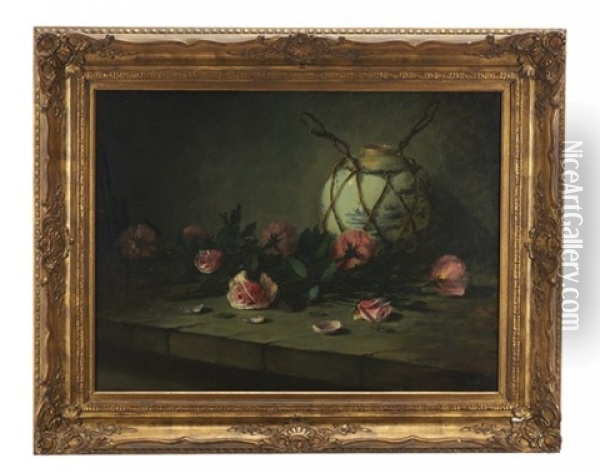 Still Life Of Roses And A Delftware Jug Oil Painting - Frans Mortelmans