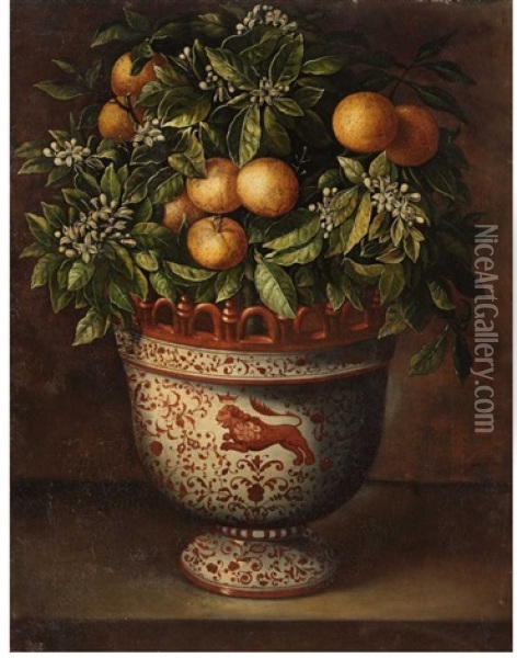 A Painted Ceramic Vase With An Orange Tree Oil Painting - Tomas Yepes