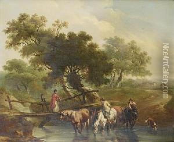 A Traveller With Cattle And 
Sheep On A Country Path Before Ruins; And Horsemen Watering Their Horses
 At A Stream, A Young Woman Crossing Footbridge Oil Painting - Charles Towne