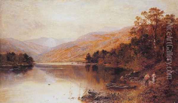 Figures By A Loch In A Highland Landscape Oil Painting - Alfred Augustus Glendening Sr.