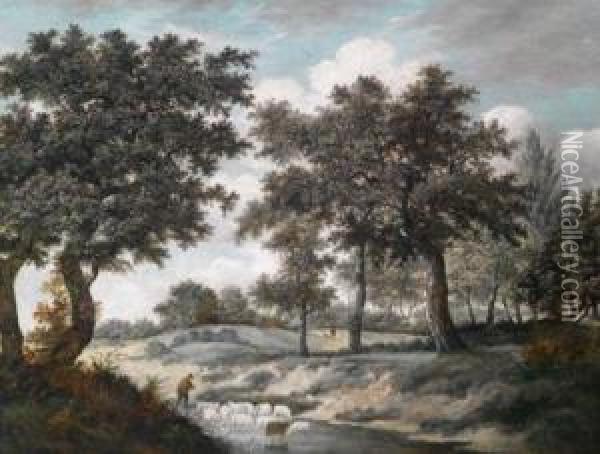 Ein Schafer Trankt Seineherde In Einer Furt Oil Painting - Meindert Hobbema