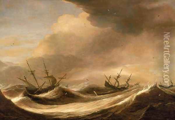 Ships in a Heavy Sea Running Before a Storm c. 1640 Oil Painting - Pieter the Elder Mulier