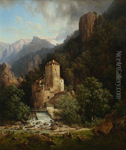 Burg An Einem Gebirgsbach Oil Painting - Friedrich Otto Georgi