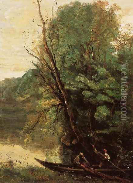 Fishing with Nets, Evening Oil Painting - Jean-Baptiste-Camille Corot