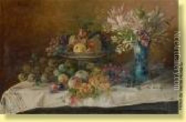 Table Garnie De Fleurs Et De Fruits Oil Painting - Jules Felix Ragot