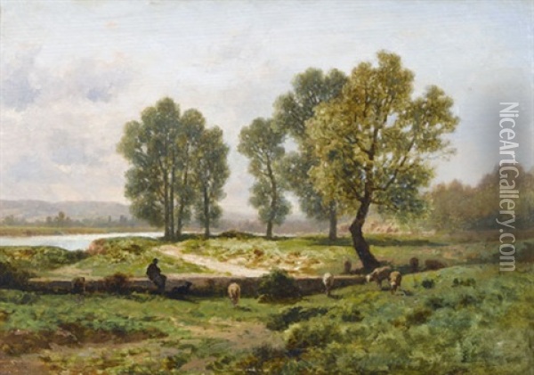 Flussuferpartie Mit Schafherde Oil Painting - Antoine Claude Ponthus-Cinier