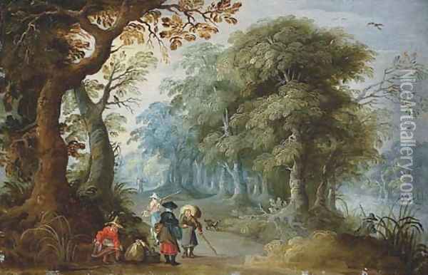A wooded landscape with travellers on a track Oil Painting - Jasper van der Lanen