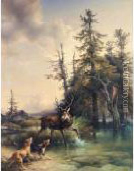 Hunde Stellen Einen Hirschen Im Wasser (hounds Cornering A Stag By A Stream) Oil Painting - Friedrich Gauermann