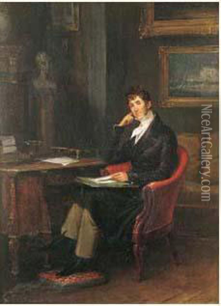 Portrait D'hippolyte De La Porte A Son Bureau Oil Painting - Edouard Pingret