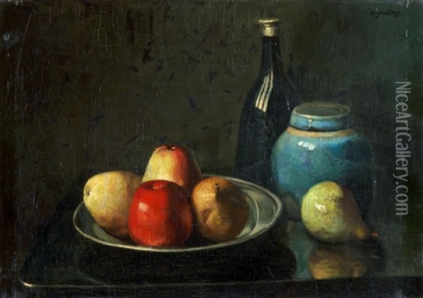 Stillleben Mit Apfeln, Birne, Weinflasche Und Turkisfarbenem Deckeltopf Oil Painting - Benjamin Liepman Prins