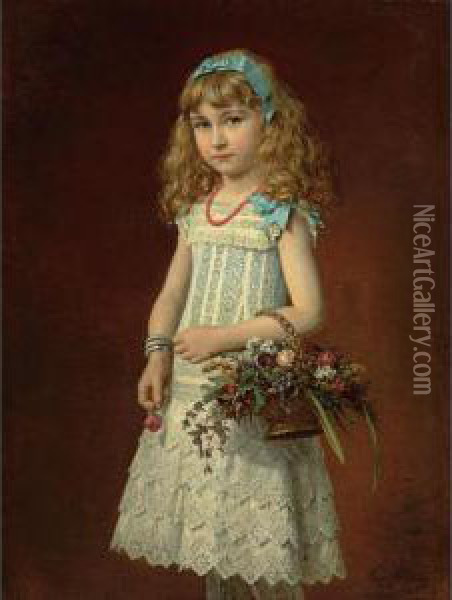 Young Girl With A Basket Of Flowers Oil Painting - Conrad Freyberg