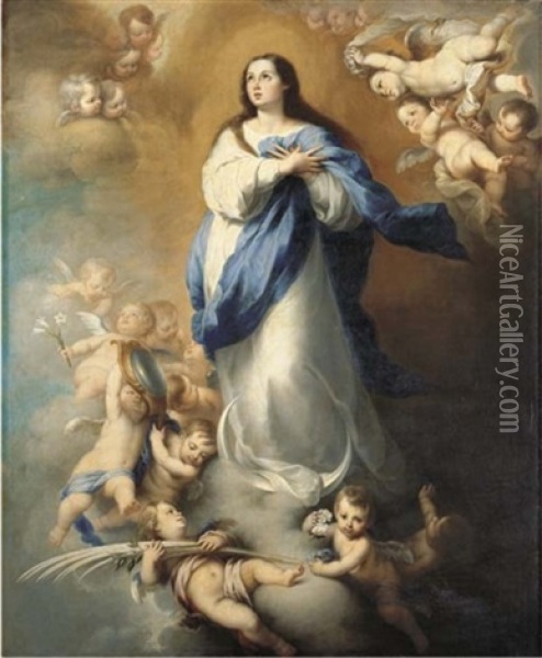 The Immaculate Conception (collab. W/studio Of Murillo) Oil Painting - Bartolome Esteban Murillo