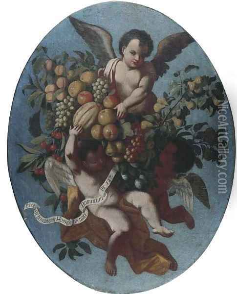 Three putti disporting with swags of fruit Oil Painting - North-Italian School