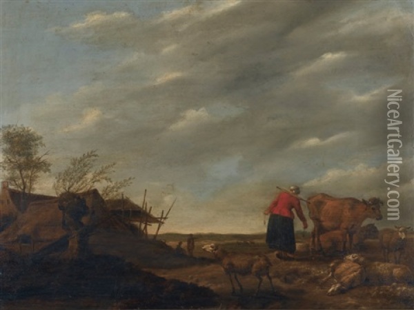 Landscape With A Milkmaid Oil Painting - Hendrick Mommers
