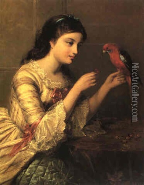 A Lady With A Parrot Oil Painting - Edward John Cobbett