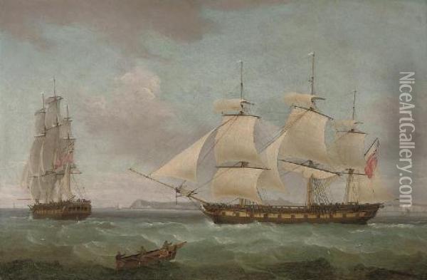An East Indiaman In Two 
Positions Off Dover, With The Pilot Cutter Approaching Off Her Starboard
 Bow Oil Painting - Thomas Whitcombe