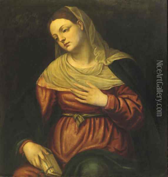 The Virgin contemplating with a book in her hand Oil Painting - Alessandro Bonvicino (Moretto da Brescia)
