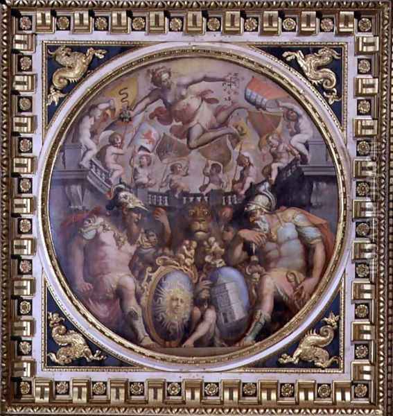 Allegory of the districts of San Giovanni and Santa Maria Novella from the ceiling of the Sala dei Cinquecento, 1565 Oil Painting - Giorgio Vasari