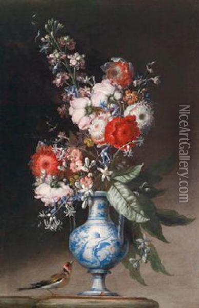 Un Vaso Di Fiori Con Una Cincia Oil Painting - Nicola Malinconico