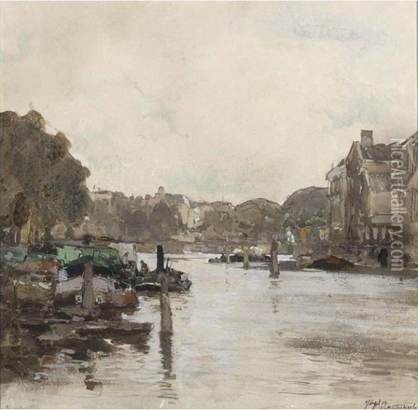 Ships In A Canal In A Dutch Town Oil Painting - Johann Hendrik Van Mastenbroek