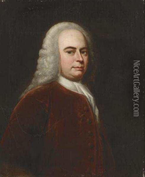 Portrait Of A Gentleman, Traditionally Identified As George Frederic Handel, Three-quarter-length, In A Red Velvet Jacket Oil Painting - Jan Frans Beschey