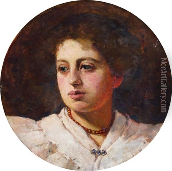 Portrait Of A Lady, Head And Shoulders In A White Dress Oil Painting - Franz von Stuck