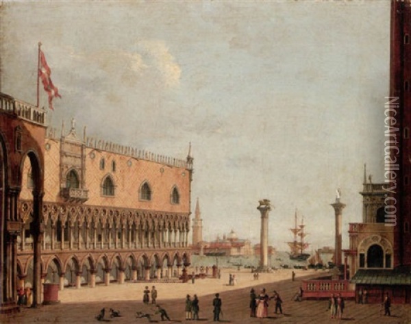 Venice, A View Of The Piazzetta From The North, The Church Of San Giorno Maggiore Beyond Oil Painting - Vincenzo Chilone