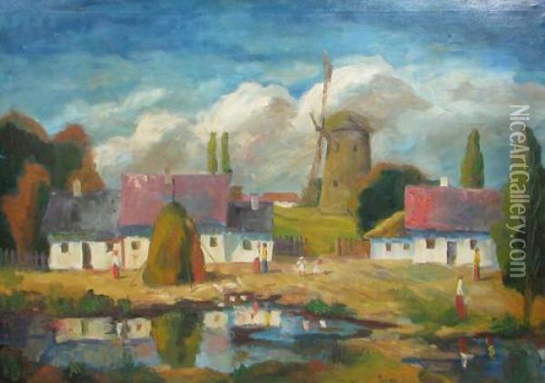 Landscape With Wind Mill Oil Painting - Bela Ivanyi Grunwald